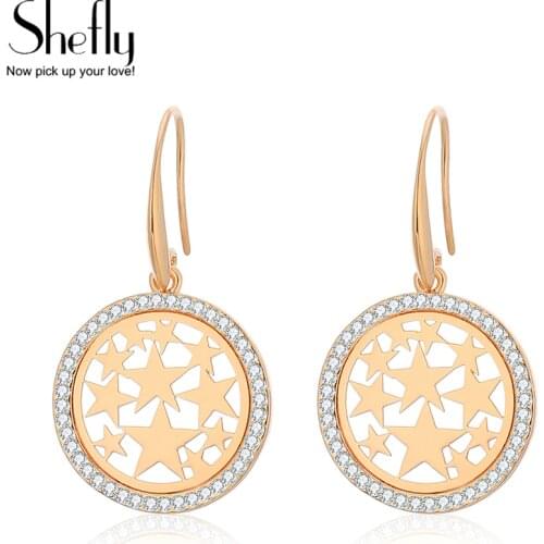New Hollow Stars Drop Earring Gold Round Shiny Zircon Pentagon Earrings For Women Jewelry aretes de mujer modernos 2019 Dropship