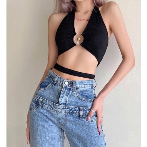 Summer Sexy Hollow Out Bandage Vest Solid Color Backless Metal Ring Connect Halter Neck Lace-Up Slim Fit Ladies Tank Tops