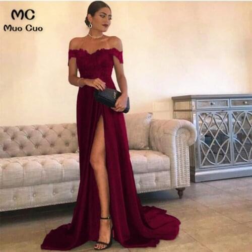 2019 Burgundy Off Shoulder Evening Dresses Long Front Split Chiffon Formal Evening Party Dress for Women In Stock