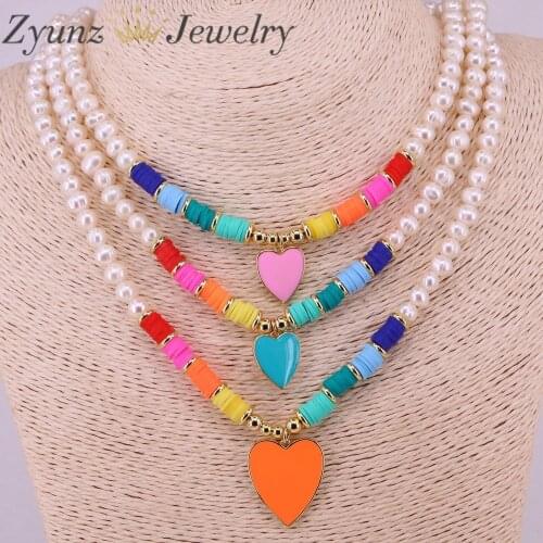 3PCS, Freshwater pearl, heishi bead necklace, enamel heart pendant necklace boho summer chic, rainbow bright necklace