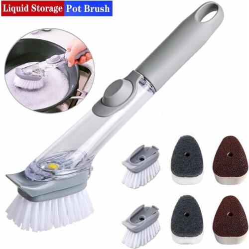 7Pcs/Set Multi-functional Kitchen Wash Dishes Brush Pot Does Not Damage Pot Long Handle Sponge Automatic Liquid Filling