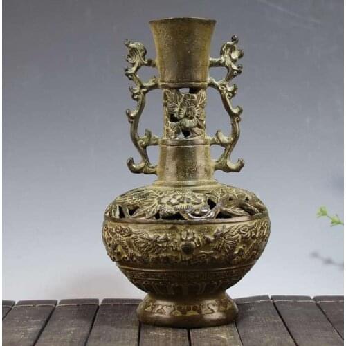 Antique QingDynasty copper vase,Double Dragon Play Bead bottle,hand-carving crafts,Home Decoration,handmade crafts/Collection