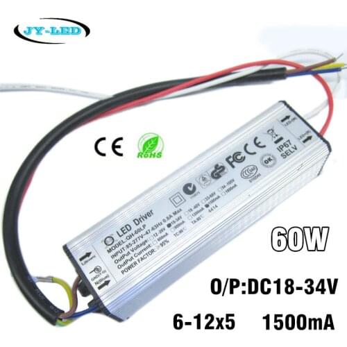 2pcs 60W 1500mA LED Power Supply DC18-34V 6-12 Series * 5 Parallel Waterproof Constant Current Aluminum High Power LED Driver