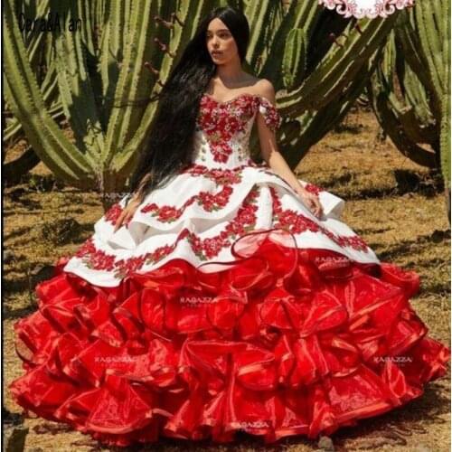 Ruffled Floral Charro Quinceanera Dresses Off Shoulder Puffy Skirt Lace Embroidery Princess Sweet 16 Girls Masquerade Prom Gowns