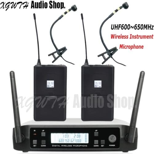 Dual Channel UHF Wireless Instrument Microphone Clip Mic System for Guitar Saxophone Stage Performance with Bodypack Transmitter