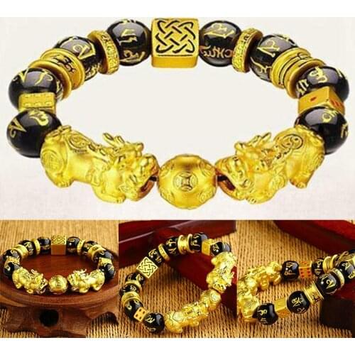 Feng Shui Black Bead Alloy Wealth Bracelet Obsidian Unisex Wristband Gold Black Pixiu Wealth & Good Luck Women Bracelet