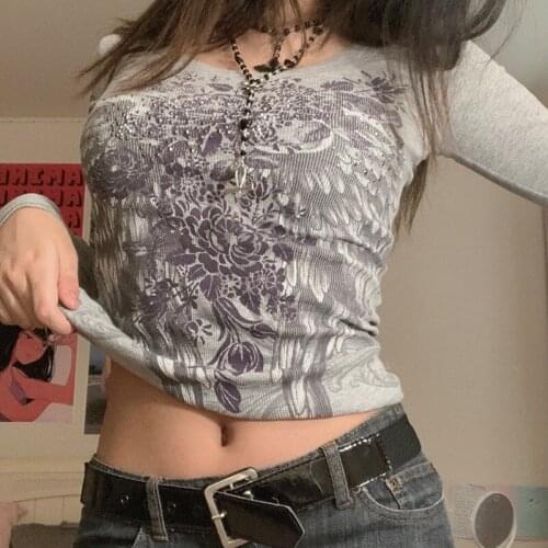 HEZIOWYUN Y2K Fairy Grunge Vintage T-shirts Feather Wings Flower Printed Rhinestone Rib Knit Round Neck Long Sleeve Crop Tops