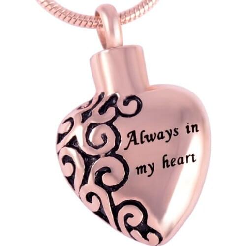 IJD2472 Hot selling Always In My Heart cremation pendant urn keepsake rose gold 316L stainless steel memorial ashes jewelry