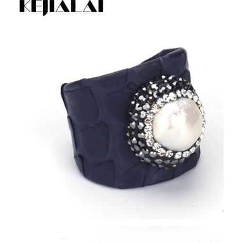 KEJIALAI Luxury Jewelry Natural Freshwater Pearl Bead Rhinestone Charm Blue Real Snake Leather Adjustable Open Ring Cuff Women
