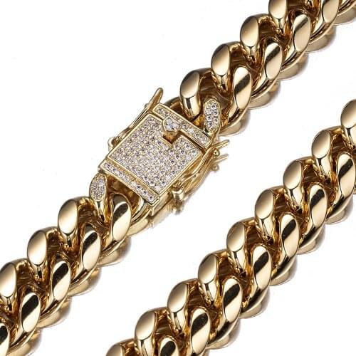12mm wide Stainless Steel Cuban Miami Chain Gold Necklaces CZ Zircon Box Lock Big Heavy Gold Chain for Men Hip Hop Rock jewelry