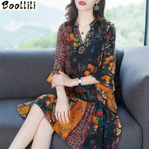 Boollili Summer Dress Real Silk Dress Women Korean Fashion Print Midi Beach Dress Elegant Vintage Party Dress Vestidos Mujer