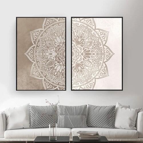 Mandala Floral Beige Neutral Colors Boho Wall Art Print Canvas Painting Poster Picture Zen Yoga Living Room Home Interior Decor
