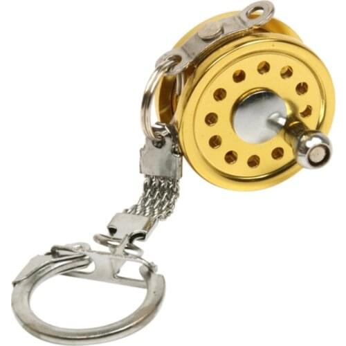 Mini Fly Fishing Reel Keychain Aluminum Alloy Golden Keyring Fishing Tool Gift for Fathers Day