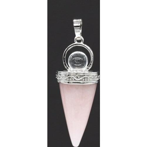 Trendy-beads Silver Plated Circular Cone Shape Natural Rose Pink Quartz Pendant Clear Quartz Round Bead Jewelry