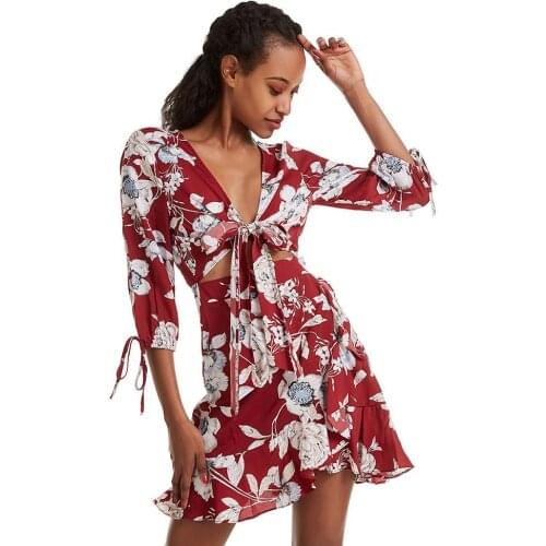 Sexy Women Dresses Hollow V Neck Women Summer Half Sleeve Lace Up Flower Print Ruffles Dress Womens Clothing 2021