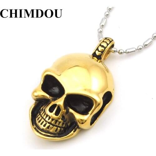 CHIMDOU Fashion Biker Rock PUNK Simple Black Stainless Steel Skull Pendant Necklace Men Jewelry Gold Color ,Drop Shipping AP1657