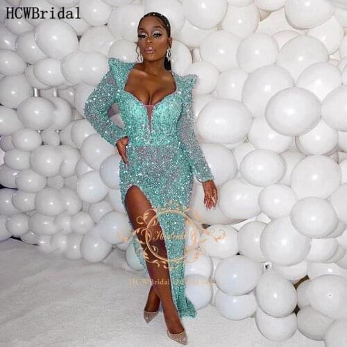 Luxury Mint Green 2021 Long Sleeves Evening Dress Straight Floor Length Chic Beads Black Girls Formal Evening Gowns