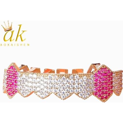 Shining Hip Hop Grillz Iced Out CZ Fang Mouth teeth grills Caps Top & Bottom tooth Set Men Women Vampire Grills Fashion Jewelry