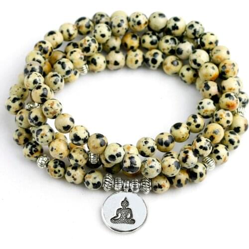 Yoga Wrist 108 Mala Beads Bracelet Chakra Bracelets for Unisex Lotus Buddha Charms Natural Dalmatian Stone Women Men Jewelry