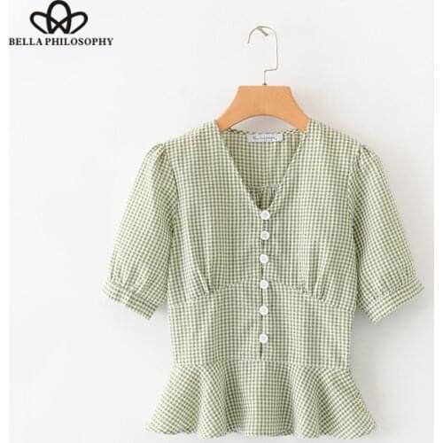 Bella Philosophy Women Franch Style plaid Blouse Shirts Vintage Female Loose V-Neck Blouse Sweet Lady Sexy blouse