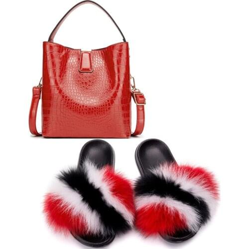 Women Fashion Crocodile Bucket Bag Fluffy Fur Slippers Suit Vacation Large Capacity Bucket Handbag Cute Plush Slides Match sets