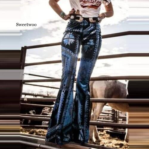 Women New Skinny Flare Pants Print Bell Bottom High Waist Long Trousers Vintage Fashion Pant Ladies Casual Clothes