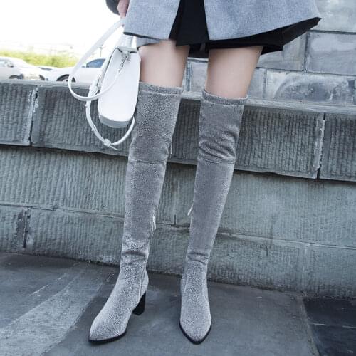 Elastic Long Boots Silver Luxury Boot Women Designers 2019 Fashion Glitter Winter Warm Shoes Woman Over The Knee High Heel Boots