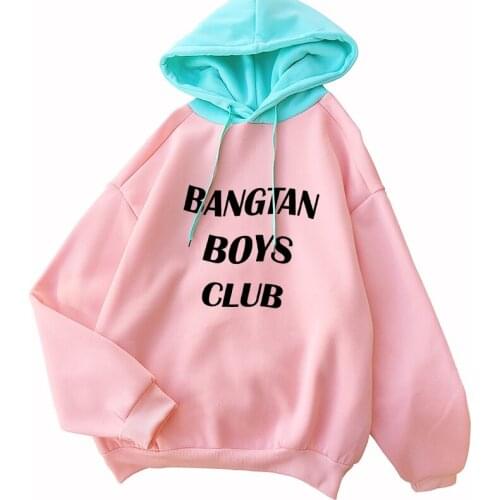 Kpop Sweatshirts Women Korean Long Sleeve Fleece Casual Streetwear BANGTAN BOYS CLUB Letter Print Hoodies Spell Color Splic Tops