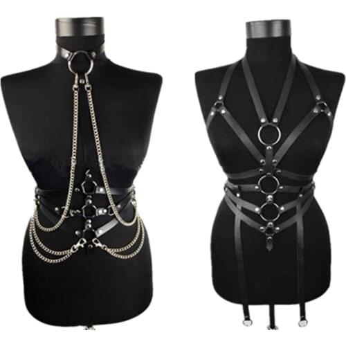 Women Top Body Harness PU Leather Bondage Bra Chains Belt Strap Corset Bustier