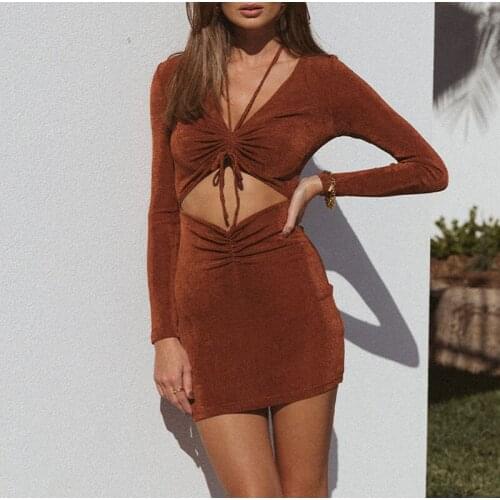 Spaghetti Strap Sexy Backless Draped Maxi Dress For Women Night Club Party Hollow Long Sleeve V-Neck Drawstring Dresses Vestido