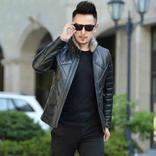 Winter new Mens down jacket leather Coat short slim mink fur collar Korean leather jacket men Business casual plus size jackets