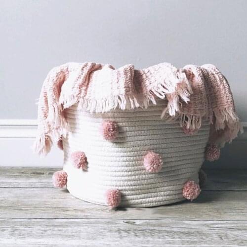 1pc Cotton Rope Knitted Pompom Decor Laundry Basket Toy Storage Bucket Photo Prop Toy Basket Bucket Organizer Large Capacity