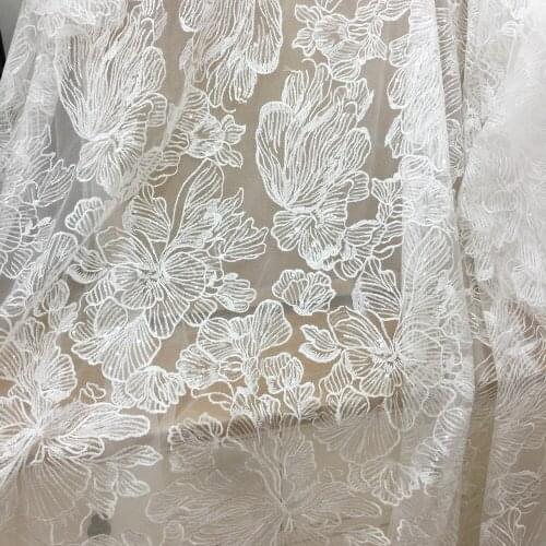 1yard price Transparent sequins big leaf embroidery lace fabric high-definition wedding dress DIY accessories