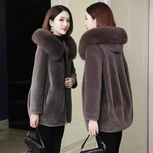 2020 Winter Women Real Sheep Shearing Coat Female Korean Fox Fur Collar Hooded Long Chaqueta Mujer Genuine Lamb Fur Coats H239
