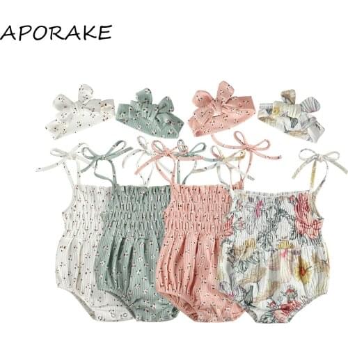 2021 0-18M Cute Infant Baby Girl Floral Playsuit Sleeveless Bandage Flower Full Print Pleated Romper Summer One Piece+Headband