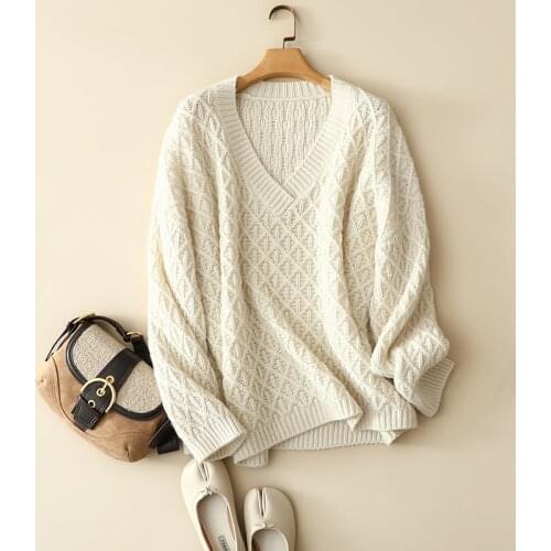 2020 new arrival chunky cashmere wool v neck sweaters female oversized loose fashion pullovers knitted winter thick diamond tops