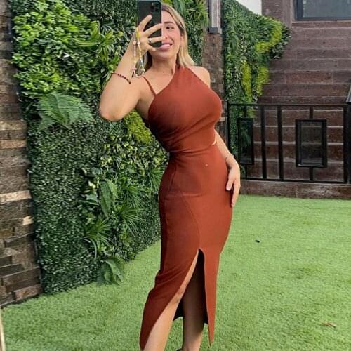 Ailigou 2021 New WomenS Sexy Orange One-Shoulder Hollow Split Mid-Length Bandage Dress Tight-Fitting Club Celebrity Party Dress