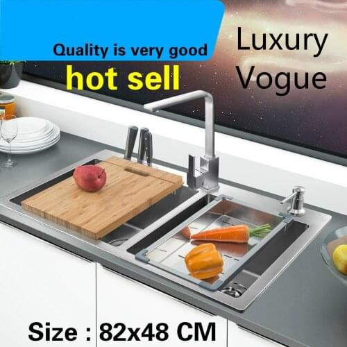 Free shipping Hot sell luxury fashion kitchen manual sink double groove standard durable food grade 304 stainless steel 82x48 CM