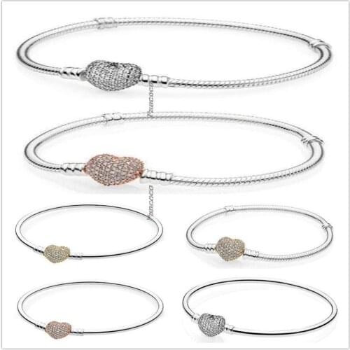 Authentic 925 Sterling Silver Bangle Moments Pave Heart Clasp With Crystal Bracelet Bangle Fit Bead Charm Diy Pandora Jewelry