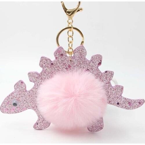 Key Chain Dinosaur Fur Ball Pom Pom Keychain Ball Pompom Keychain Artificial Rabbit Fur Animal Keychains Christmas Friend Gift