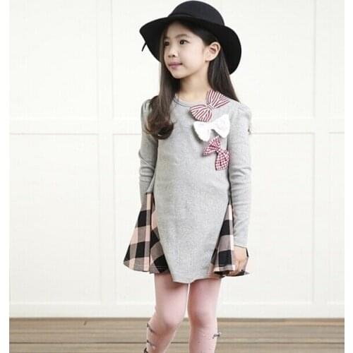 Children 's spring and autumn girls bow plaid child children' s cotton long - sleeved dress baby girl clothes 2 3 4 5 6 7 years