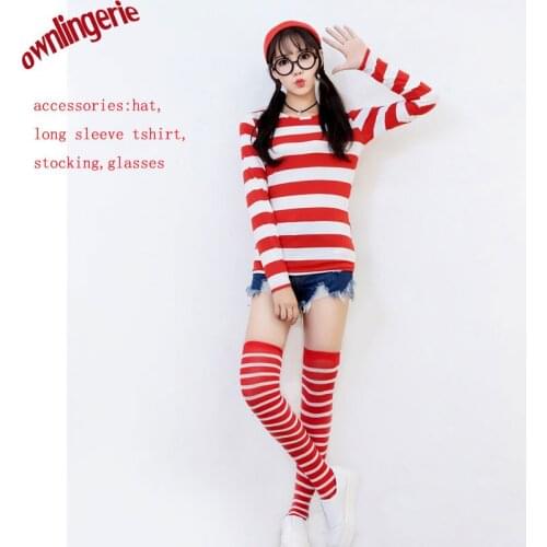 Europe Game Uniforms Xmas Wally Halloween Costumes Stage Clothes UK carton character Wheres Wally cosplay stocking, glasses,hat