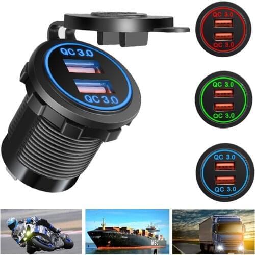 Car Motorcycle Cigarette Lighter Socket QC 3.0 Dual USB Charger 12V-24V Car Moto Cigarette Lighter Sockets Power Plug Outlet LED