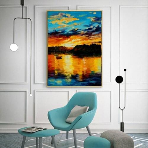Canvas Art Painting Landscape Posters and Prints Colorful Oil Painting Sunset Moon Boat House for Living Room Decor Cuadros