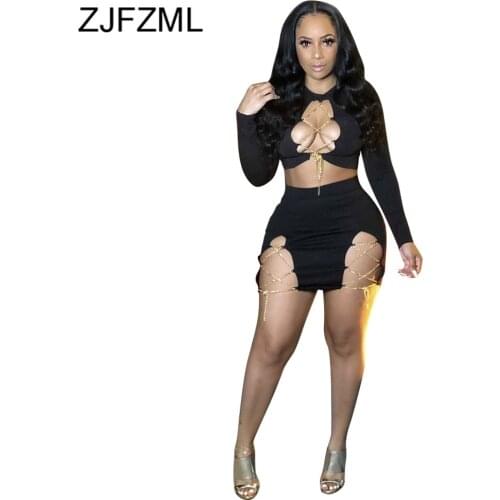 Metal Chain Lace Up Hollow Out 2 Piece Club Outfits Long Sleeve Bandage Crop Top and High Waist Mini Skirt Spring Matching Suit