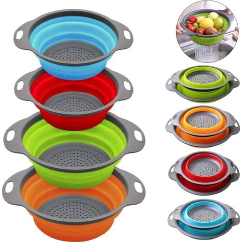 Kitchen Collapsible Colander, Silicone Colander Strainer Food Folding Water Filter Basket with Handles Over the Sink, Set of 2