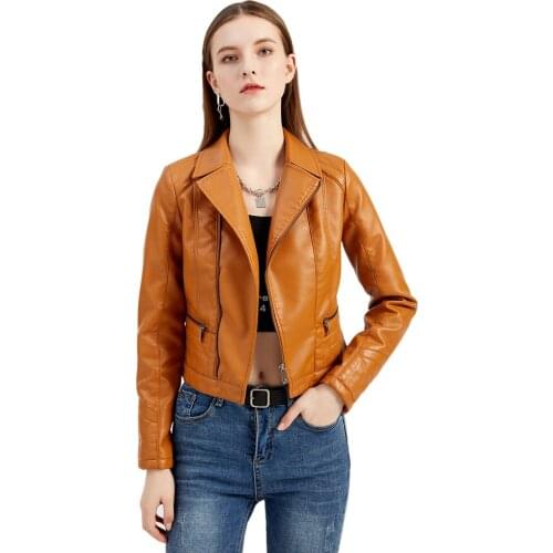 Spring Autumn Women PU Leather Jacket Coats Short Moto Biker Jackets Long Sleeve Turn Down Collar Casual Faux Leather Coats