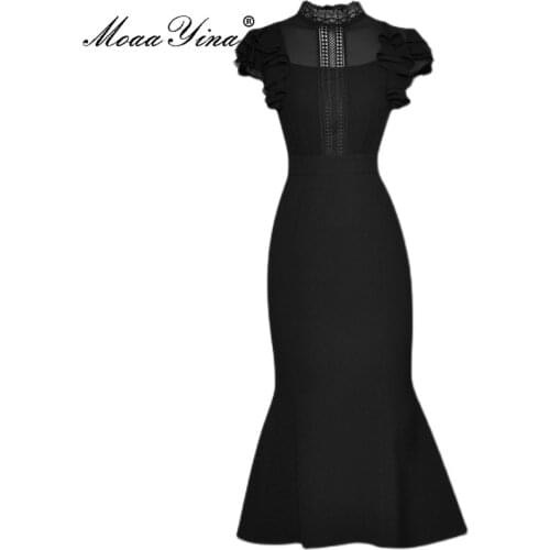 MoaaYina Fashion Designer Summer Black Drees Womens Stand-up collar Butterfly Sleeve Hollow out Slim Mermaid Party Dress