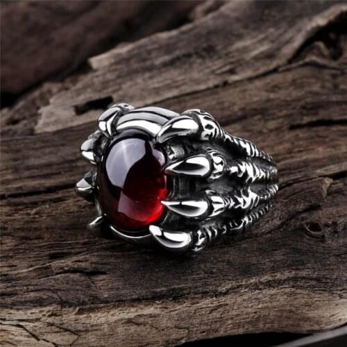 Retro Punk Goth Big Dragon Claw Black Red Stone Mens Ring Gothic Punk Men Big Stone Ring Red CZ Crystal Cool Boy Party Gift