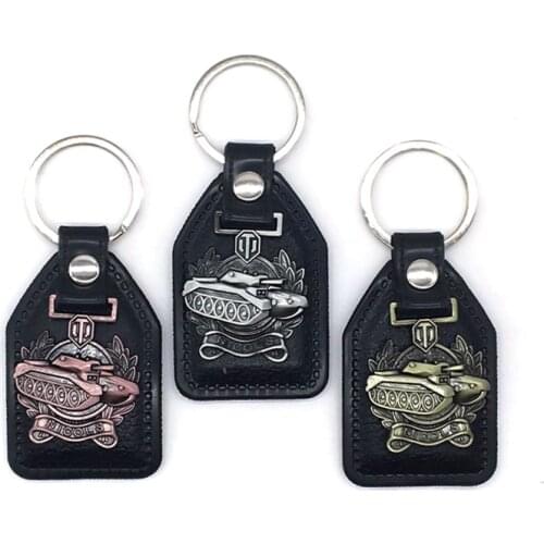 New Mens Leather Vintage World of Tank Key Chain Men Antique Silver Color WOT Tanks Keychain Male Bag Car Trinket Jewelry Gift